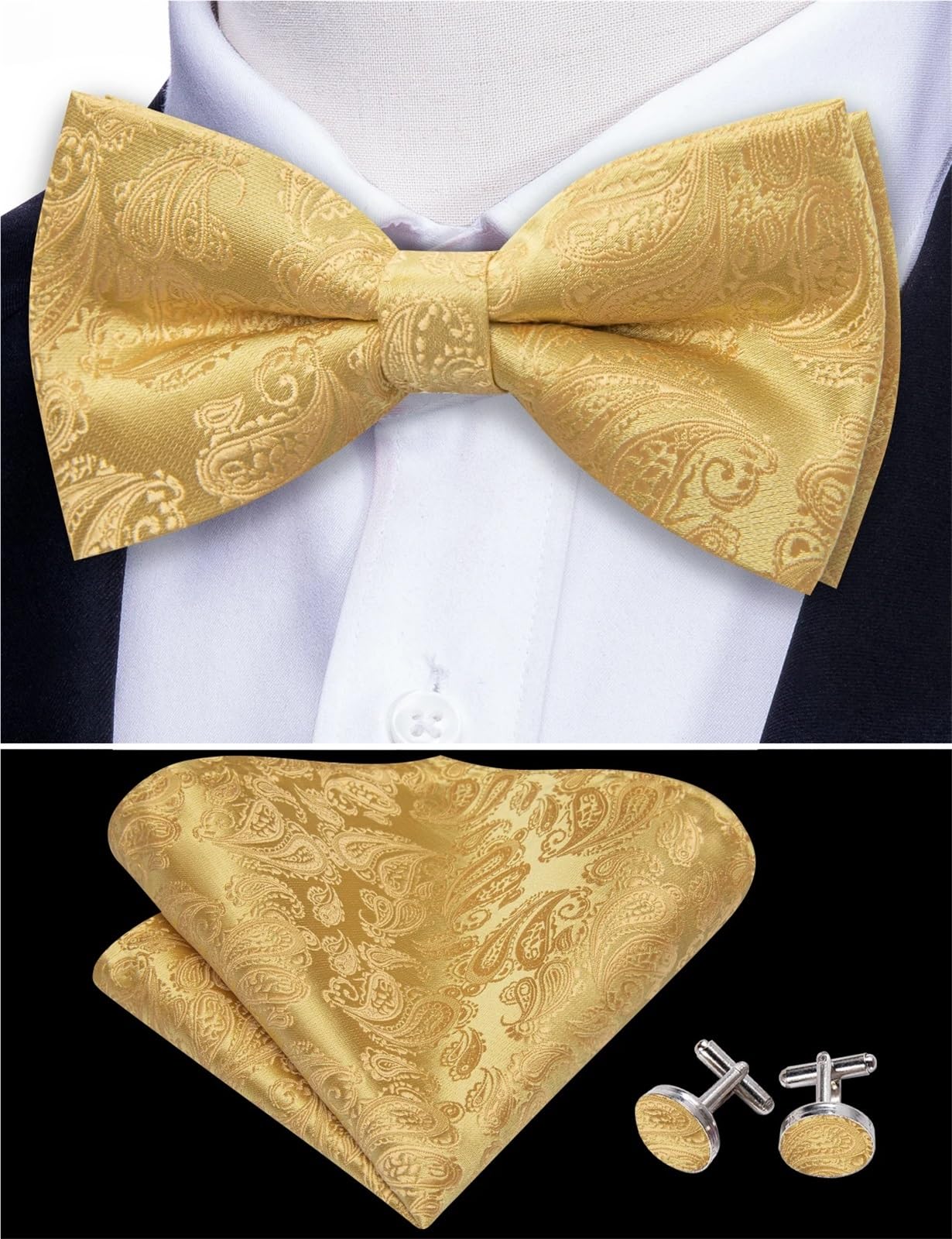 Set di gemelli Hanky ​​con papillon da uomo in seta jacquard. matrimonio Per Feste Aziendali E Matrimoni