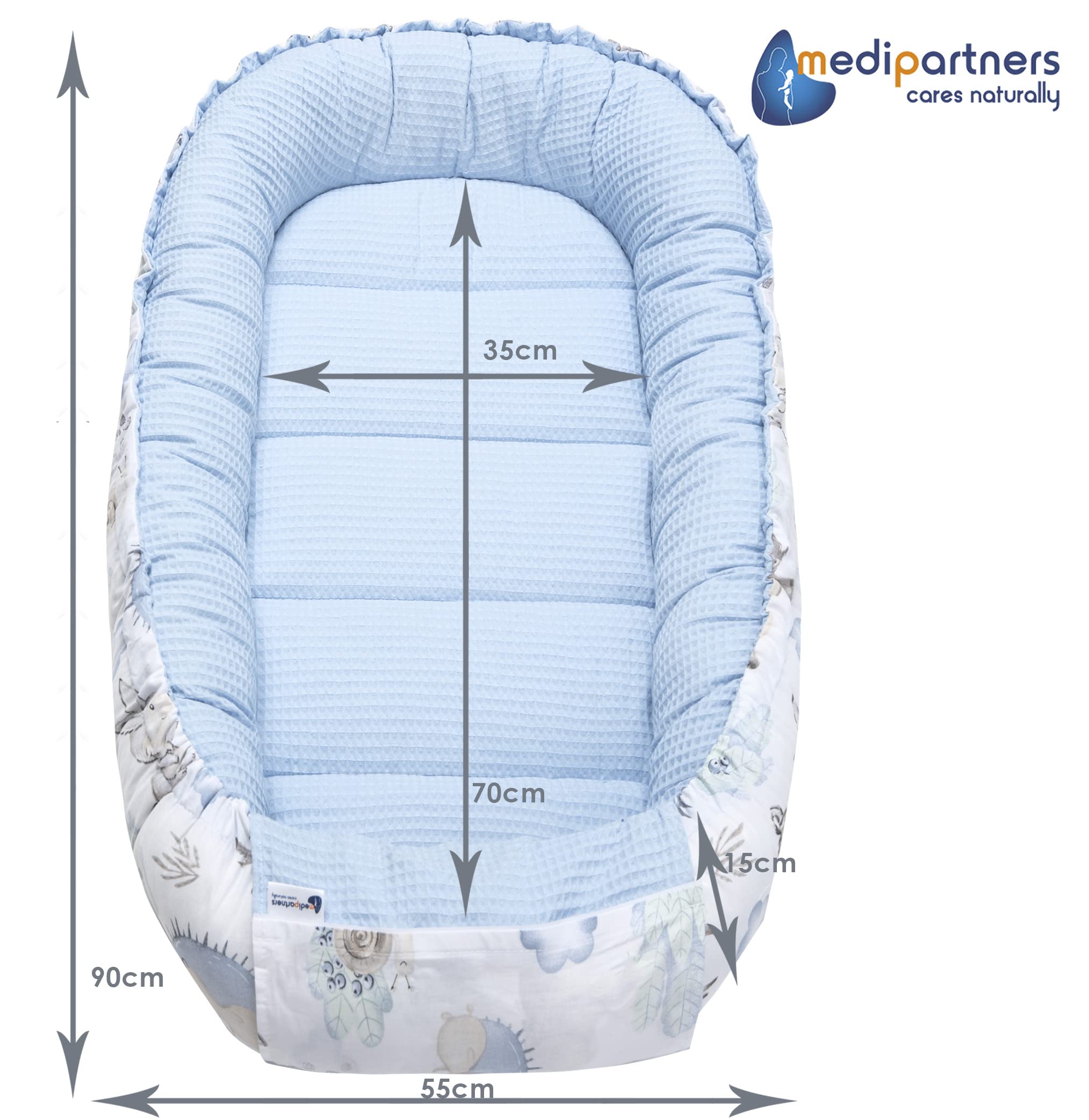 Medi Partners Nido per Neonato 100x60x15cm Baby Nest 100% Cotone Waffle Lettino da viaggio per bambini Multifunzionale Chiusura sicura (Cervo e riccio con azzurro Waffle)
