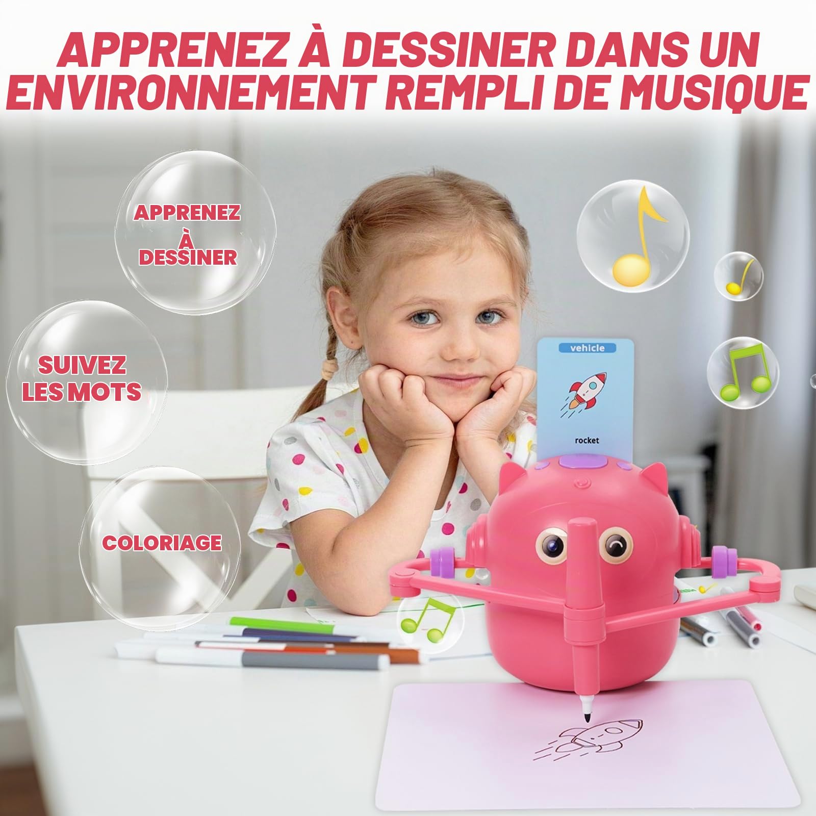 Robot Dessinateur Enfant, Robot de Dessin pour Enfants avec Guide Vocal, 14 Stylos et 100 Cartes, Robots Qui Dessine Tout Seul, Aide Les Enfants à Apprendre à Dessiner, Jouet éducatif Interactif(Rose)