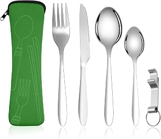 Vicloon Cubiertos para Llevar, 6PCS Cubiertos Camping de Acero Inoxidable, Juego de Trabajo Cubiertos para Exteriores Viajes Camping,Juego de Cubiertos de Acero inoxidable verde-Luz