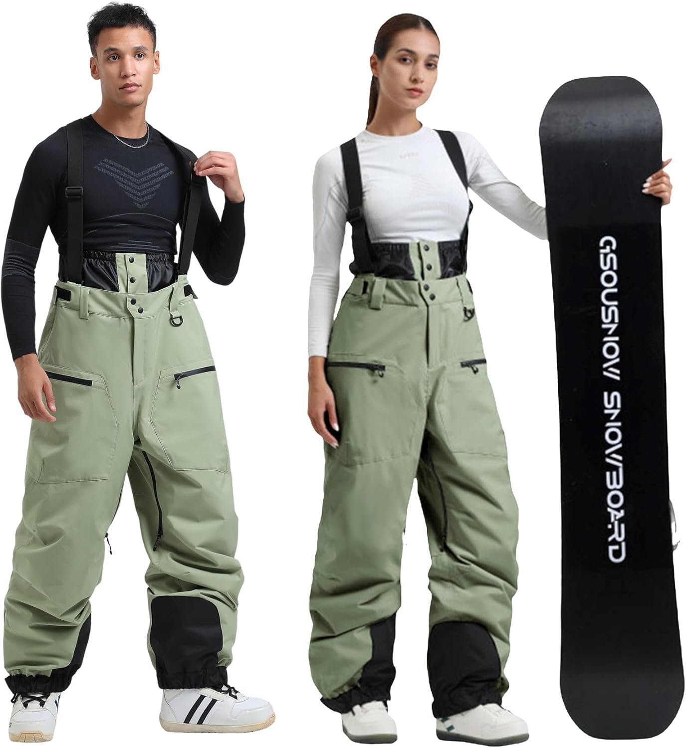 GSOU SNOW Men Snow Bibs Women Baggy Ski Pants Snowboard Overall Insulated Waterproof Windproof Warm Winter Medium Green