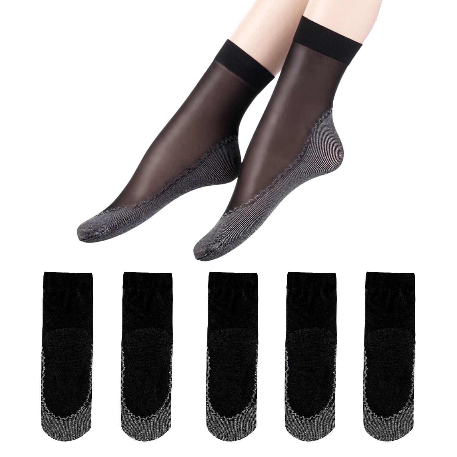 TouKingda Sheer Pop Socks for Women 5 Pairs Silky Anti-Slip Cotton Sole Ankle Socks Casual Nylon Transparent Skin-feeling Fashion Sheer Sock(Black)