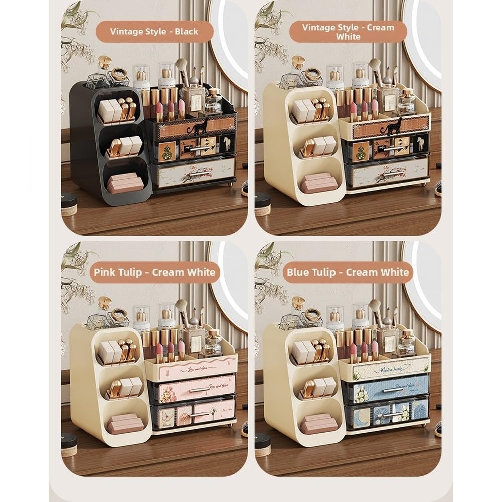 Boîte de rangement pour cosmétiques avec tiroirs, design superposé, anti-poussière, concept ouvert pour pinceaux de maquillage, parfums, coiffeuse de bureau