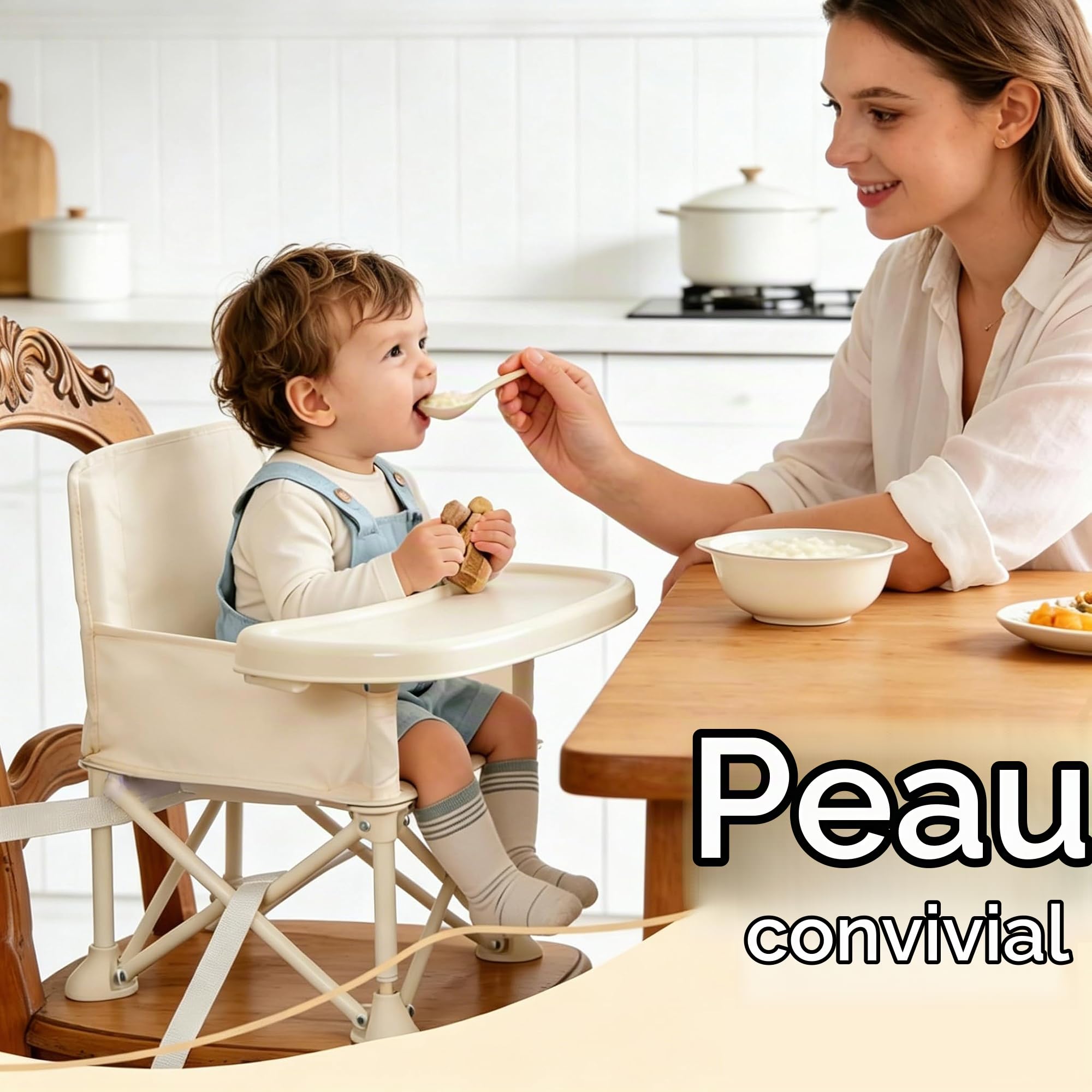 4 en 1 Chaise Bébé Plage,Chaise Pliante Bébé Portable,Chaise Camping pour Bébé avec Plateau Amovible,Auvent,Sangles,Réhausseurs Chaise Haute Bébé Pliable