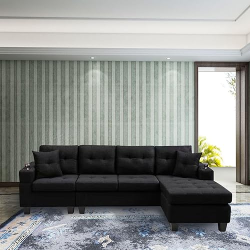 Miniatura 7 de HomSof Moderna diván modular en forma de L sofá esquinero convertible con reposabrazos para sala de estar tela negra 5 asientos