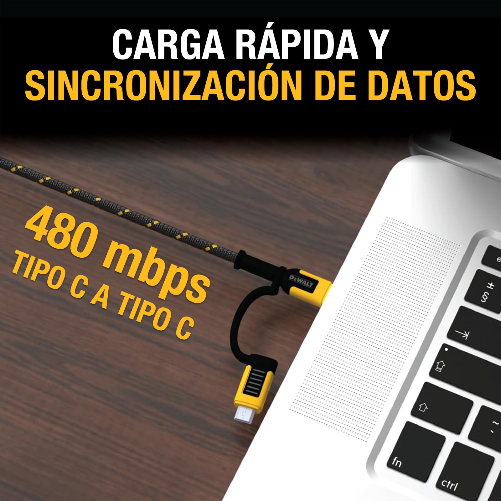 DEWALT Heavy Duty Cable 4-en-1 USB C/Micro USB/USB-A, Cable de Carga para iPhone 17/16/15, iPad, Samsung Galaxy y Android, Cable USB-C Todo en Uno 1,8 m Kevlar (Negro)