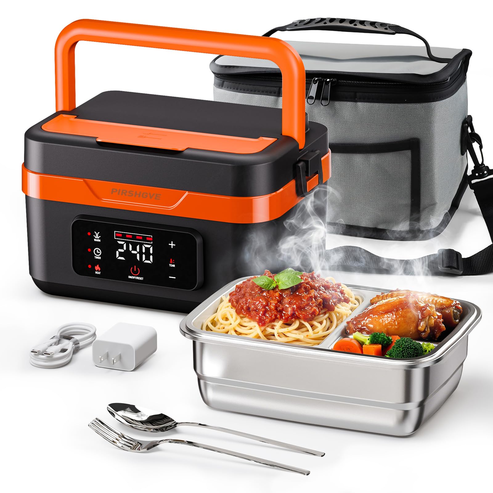 Electric Heated Lunch Box Cordless 6 3-Cup Portable Food Warmer with 75W Fast Heating Type-C Leak Proof Stainless