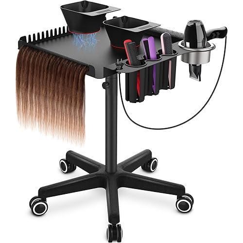TASALON Black Salon Rolling Tray Cart on Wheels, Portable Braiding Hair Rack with Magnetic Hair Dye Bowls, Heat-Resistant Tool Rack for Salon Storage, Rolling Tool Cart & Hairstylist Station Organizer