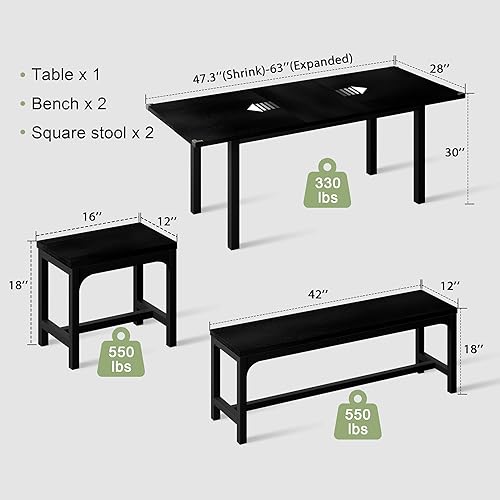 Miniatura 2 de Feonase Juego de mesa de comedor de 5 piezas para 4-8 personas, juego de mesa de cocina grande extensible de 63 pulgadas con 2 bancos y 2 taburetes
