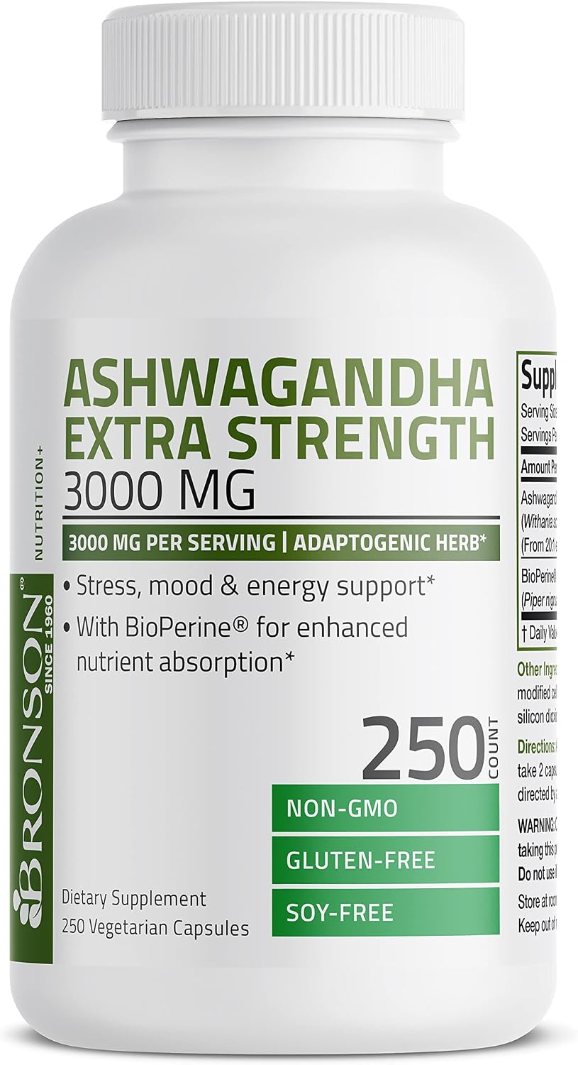 Bronson Ashwagandha Extra Strength 3000 mg Stress & Mood Support with BioPerine - Non GMO Formula, 250 Vegetarian Capsules