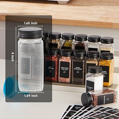 Miniatura 2 de 48 tarros de especias con etiqueta, tarros de especias de vidrio con tapas de metal negro, tapas de coctelera, embudo, bolígrafo de tiza, cepillo,