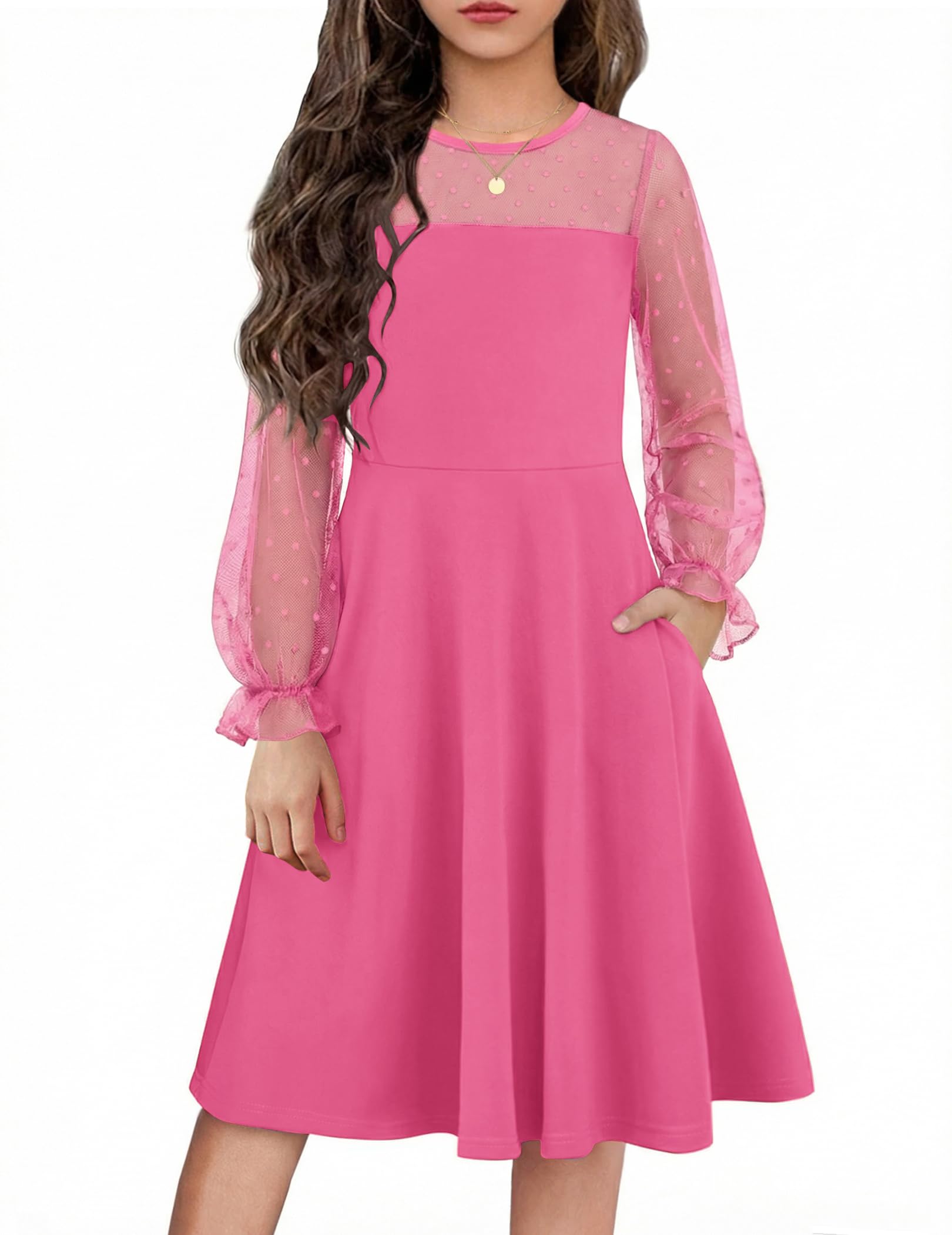 Flypigs Girl's Dress Sheer Mesh Puff Long Sleeve Party Dresses with Pockets