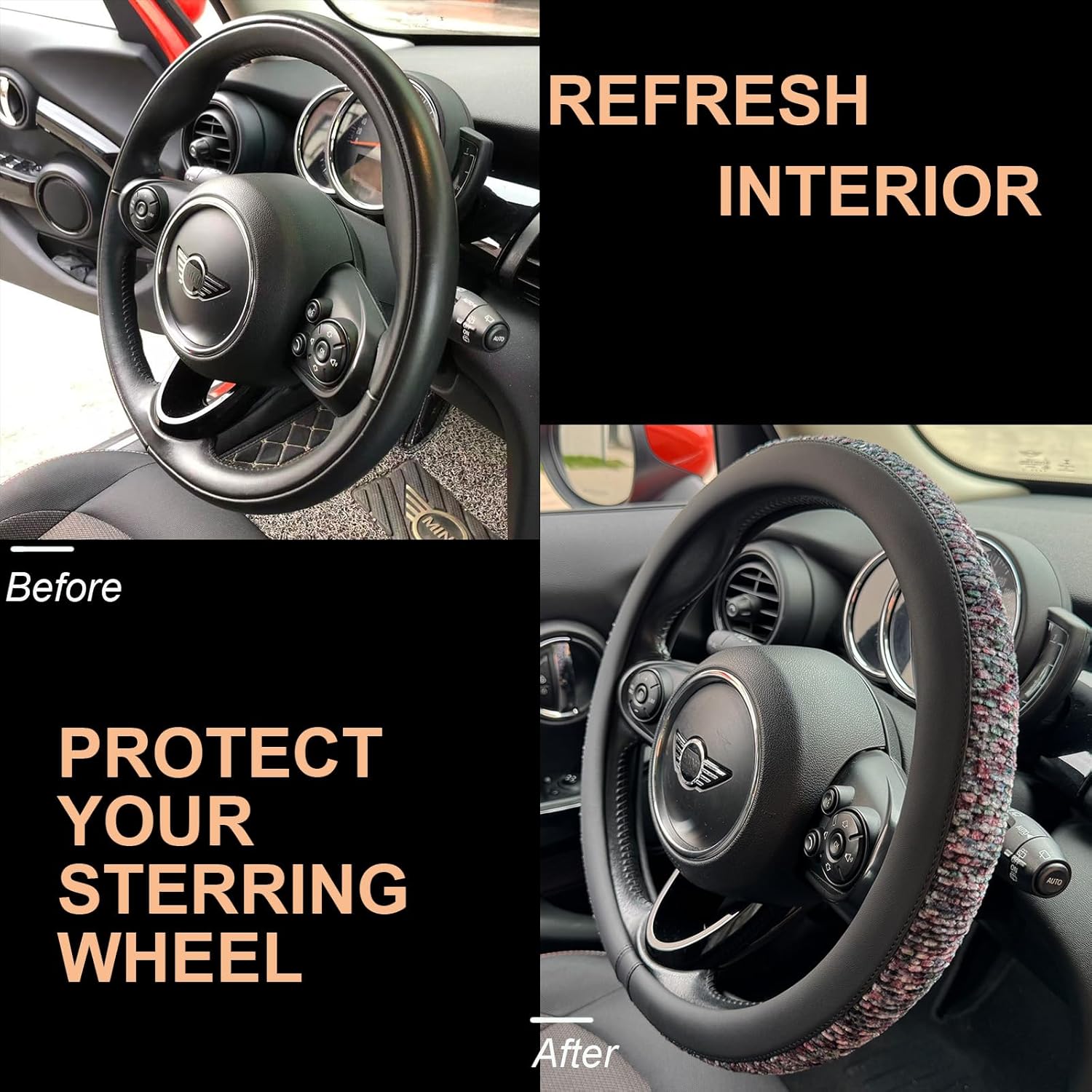 PINCTROT Large Size Chenille Leather Steering Wheel Cover, Soft Mottled Colors, Sweat-Proof, Non-Slip Grip, All-Season Comfort, 15.5-15.75 Inch(Mottled Purple)