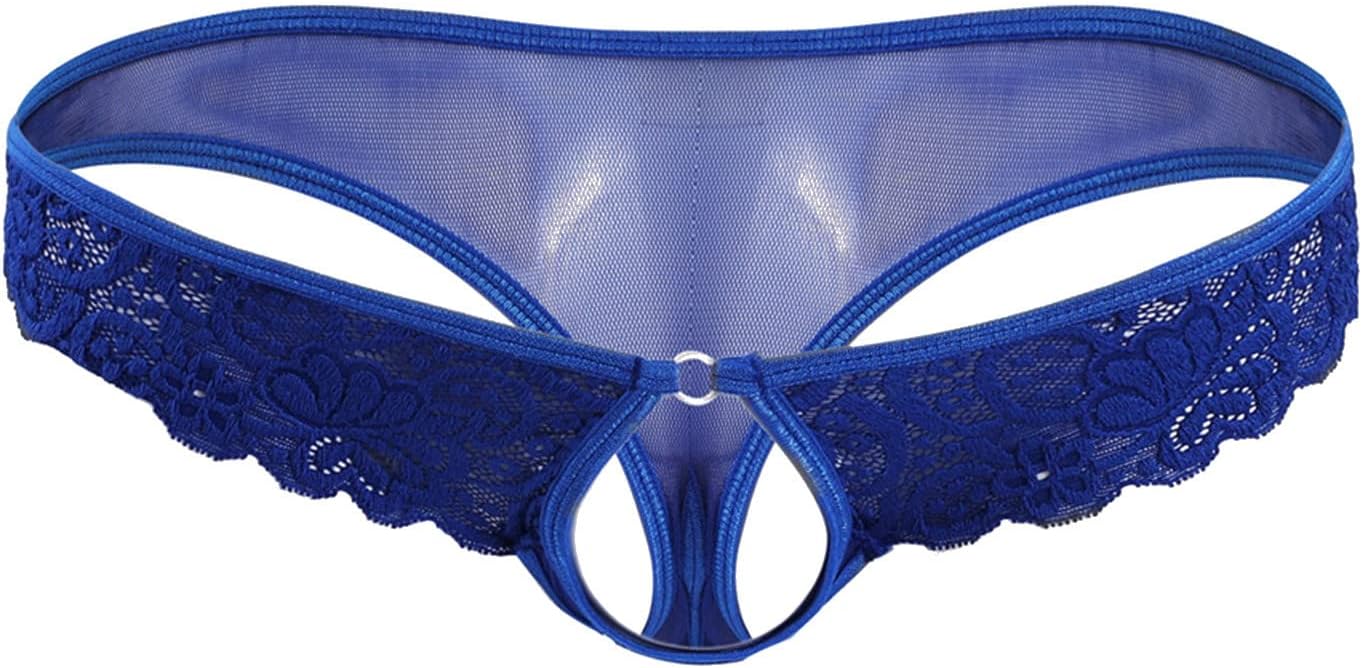 Mens Lace Thong Underwear Low Rise Sexy Front Hole See-Through G-Strings Mesh T-Back Lingerie Bikini Briefs
