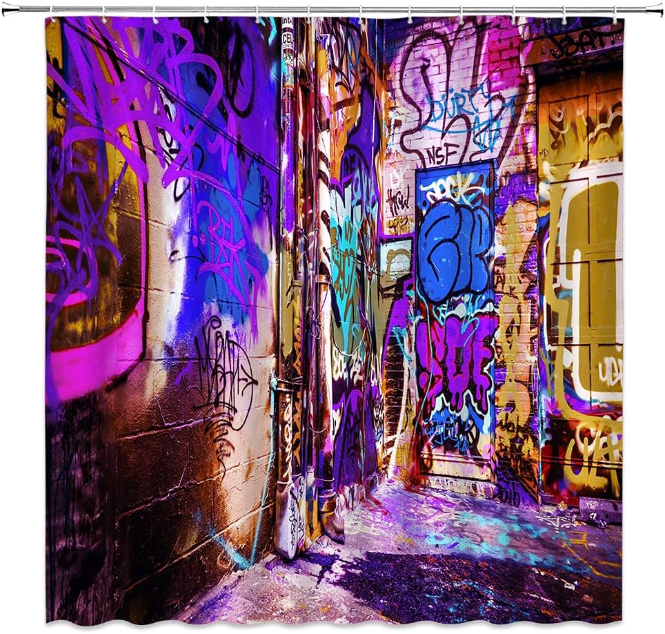 BST Colorful Graffiti Shower Curtain, Street Graffiti Abstract Art Creative Street View Colorful Home Bathroom Curtains Decor Polyester Fabric Quick Drying Include Hooks