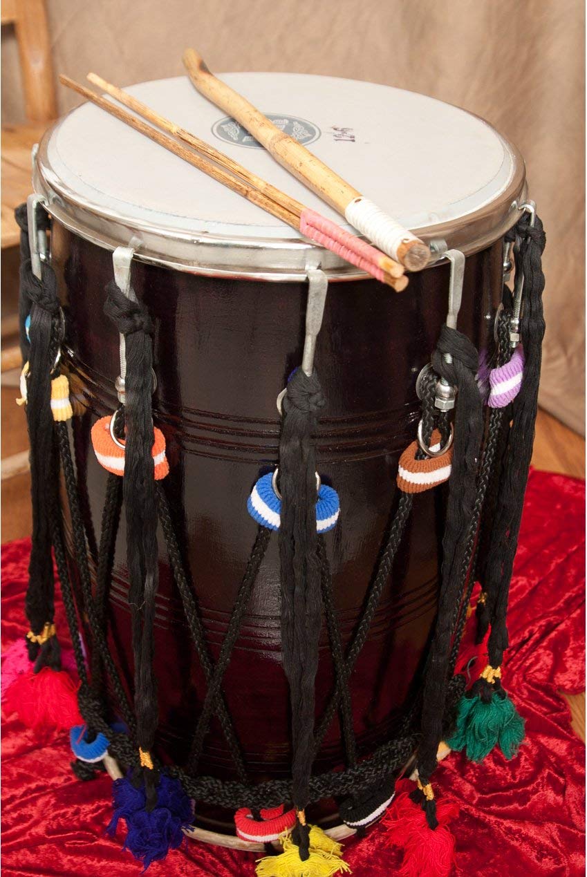Modfash Blemished Punjabi Bhangra Dhol Natural Color with Synthetic and Goatskin Heads, neem and Sheesham Wood with Free Carry Case