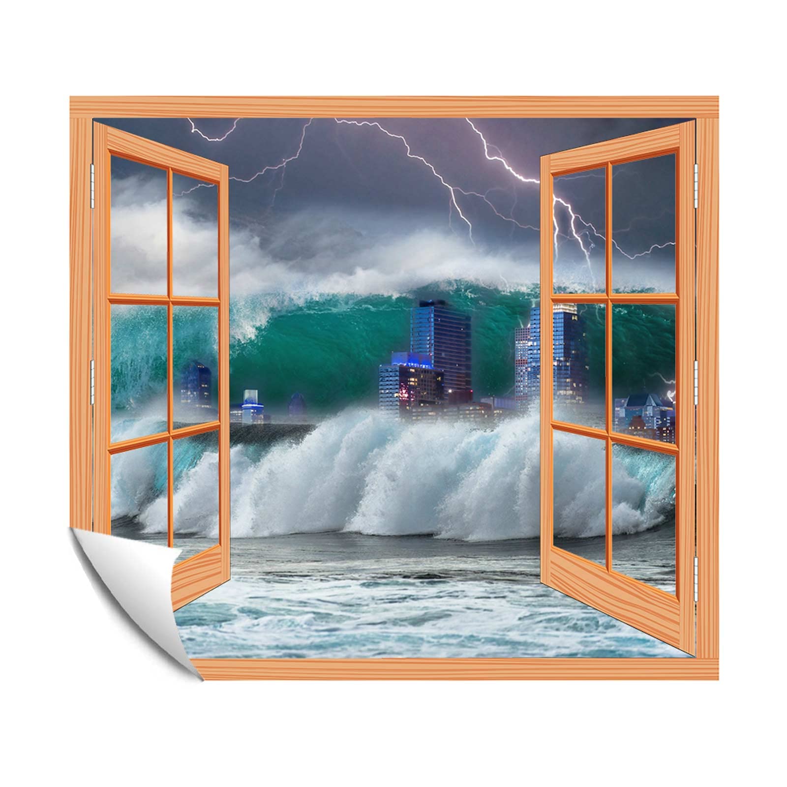 Open Window Mural Wall Sticker Tidal Wave City Nature Ocean Beach Water Sea - Creative Window View Home Decor/Wall Decor - 24"x32"