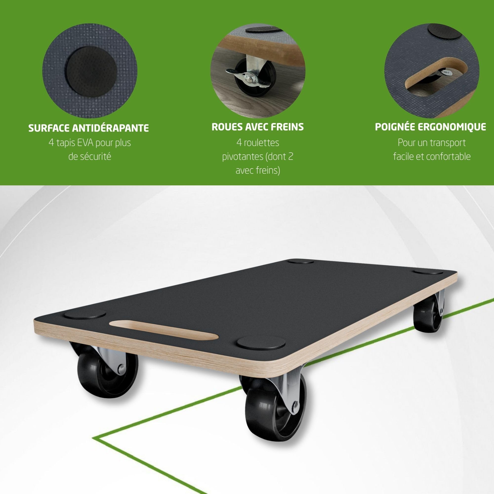 Amig - Plateforme de Charge avec Roues | Support Roulant Rectangulaire | 4 Tapis antidérapants | 58 x 29 cm | Charge Max.: 200 kg | 4 Roues: 2 avec Frein | MDF | Certifié FSC | Noir