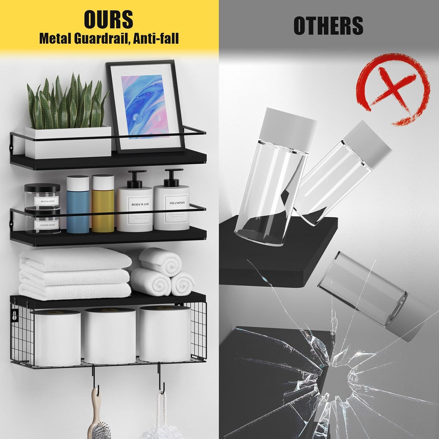 Black Floating Shelves with S Hooks, Wall Mounted Bathroom Shelves Over Toilet with Toilet Paper Basket, Bathroom Organizers and Storage, Small Corner Shelf for Bedroom Home Room Wall Decor