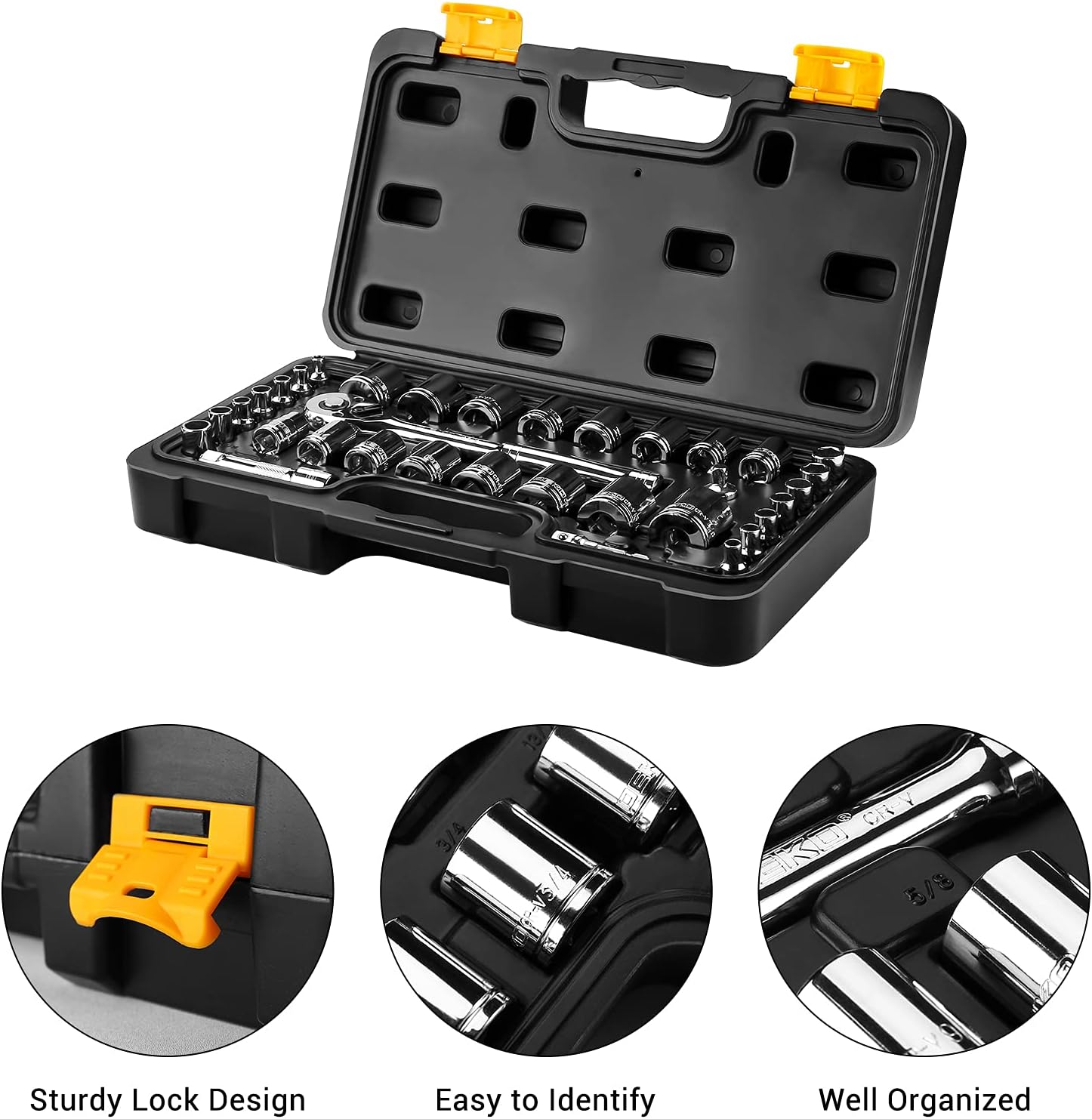 DEKOPRO Drive Socket Set,34-Piece 1/4"& 3/8" Drive Socket Wrench Set,for Mechanics - Professional CRV SAE & Metric Sockets with Quick-Release Ratchet,Socket Adapters,Extension Bar and Drill Adapter - - 
