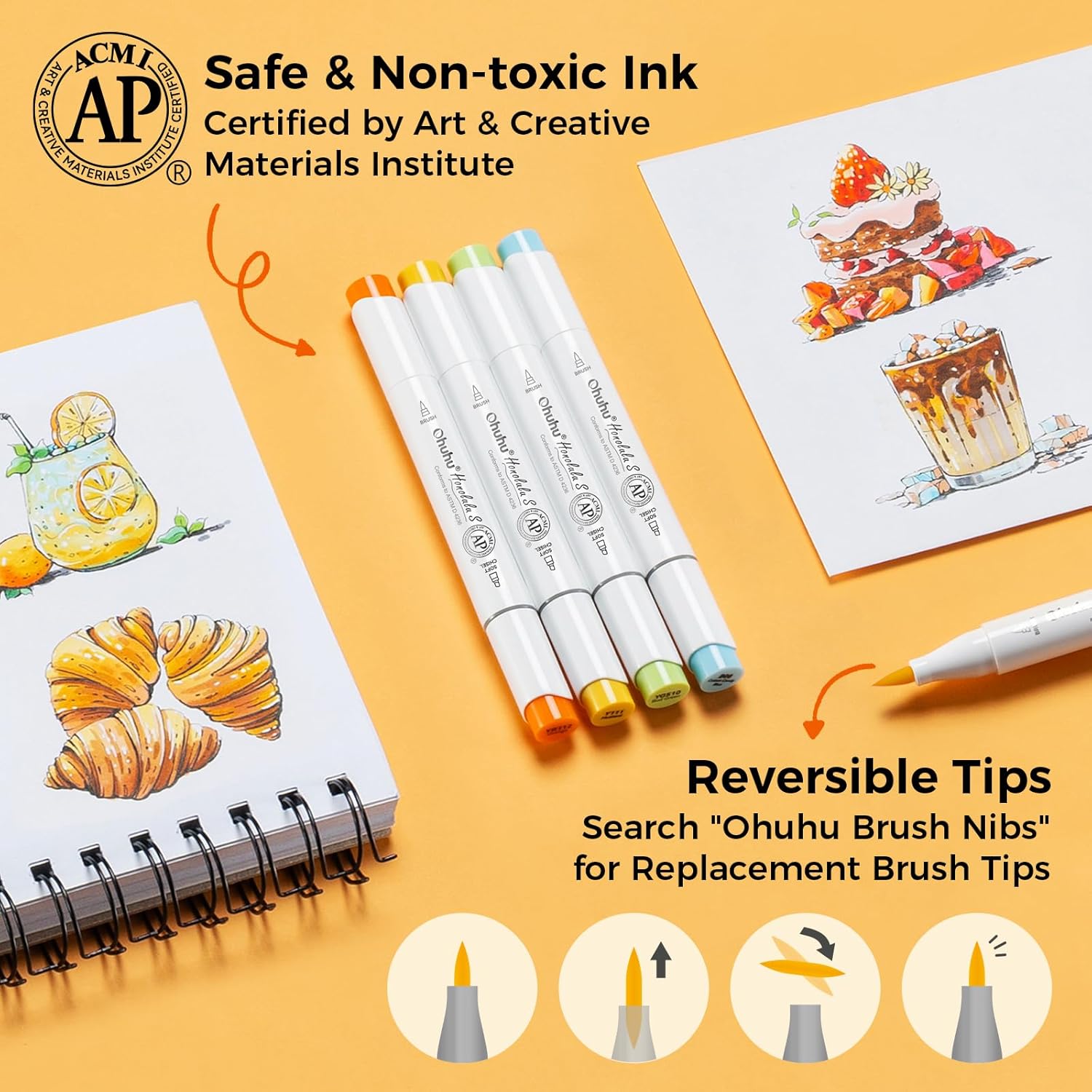 Ohuhu Alcohol Markers Brush and Soft Chisel: AP Certificated 48-color Dual Tips Drawing Markers for Artists Beginners Adults Cozy Coloring Illustration Sketching - Honolulu S - Refillable