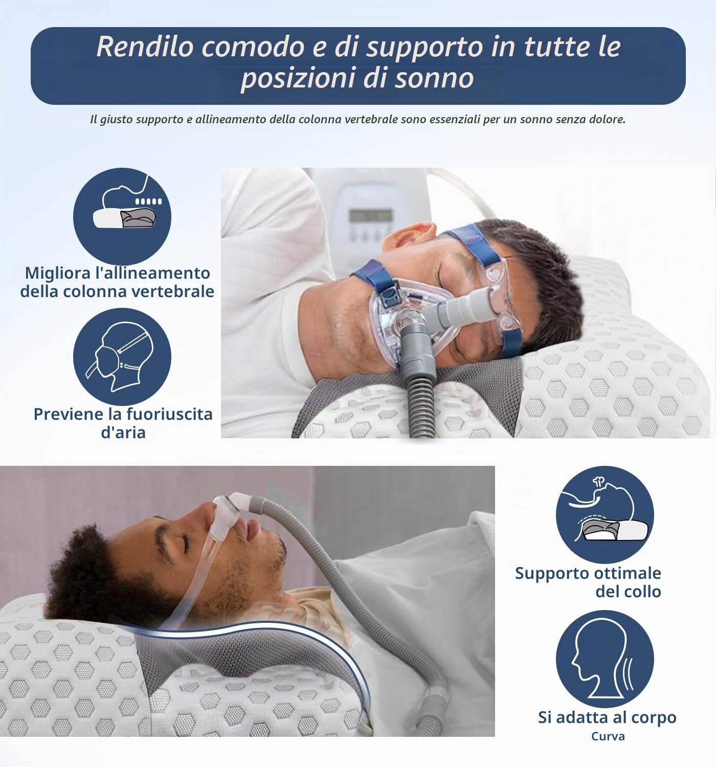 CPAP Cuscino in memory foam per chi dorme sul fianco, Cuscino per apnea notturna per dormire, Cuscini adatti a tutti gli utenti di maschere CPAP, Cuscino di supporto per collo ortopedico, grigio