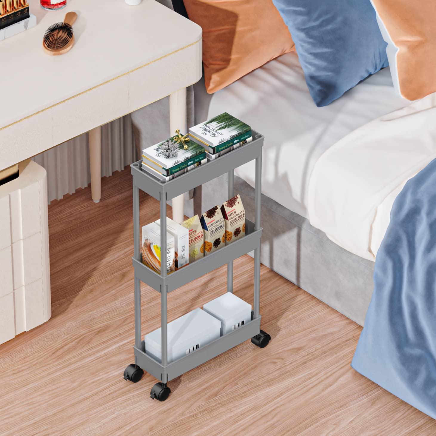 Sooyee Chariot de Rangement Fin à 3 Niveaux pour Salle de Bain, Chariot de Rangement Coulissant, étagère Mobile pour Bureau, Salle de Bain, Cuisine, buanderie, endroits étroits, Gris