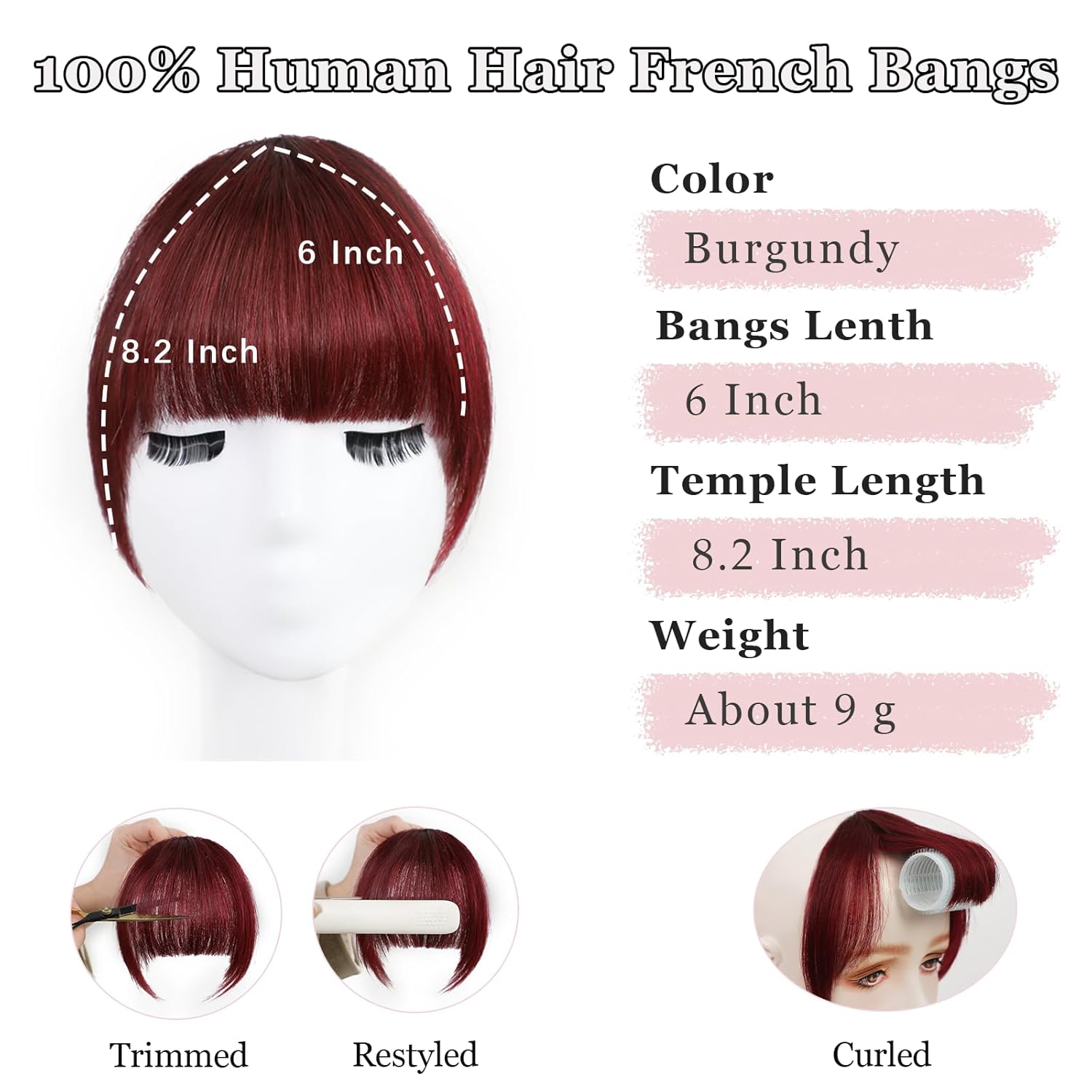 Burgundy Clip in Bangs 100% Real Human Hair Extensions Faux Fringe Curtain Air Clips on Wispy Bang with Temples Fake Natural Fluffy Light-weight Hairpieces for Women Girls Party Daily Use