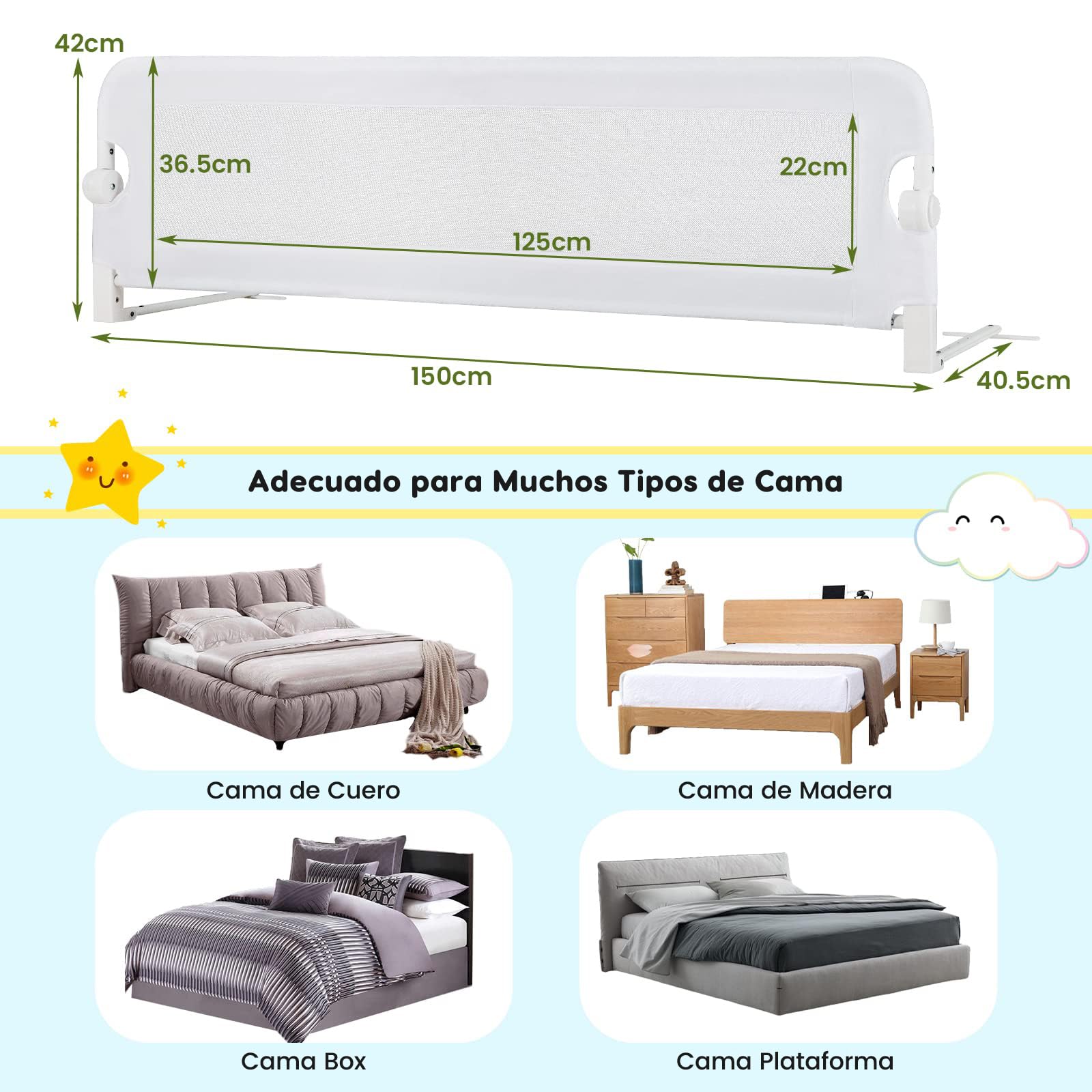 RELAX4LIFE Barrera Seguridad Niños Cama Plegable 105/120/150cm, Barandilla Cama Niño Abatible de Metal y Tela Oxford con Malla Transpirable para Camas Individuales y Dobles (Blanco, 150x40x42cm)