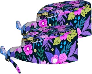 Adjustable Working Cap Set 2 with Buttons and Sweatband Purplr Floral Flowers Bandage Cap Work Hats Set for Women Caps Tie Back Hats for Men,Long Hair