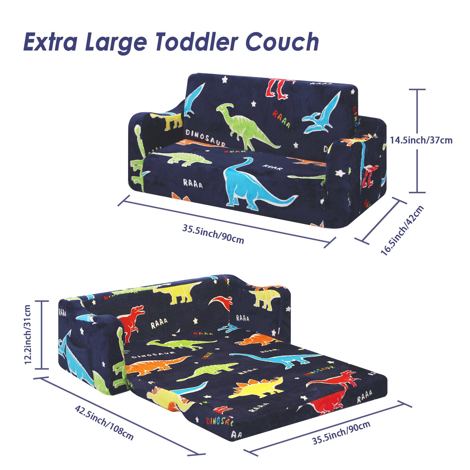 Canapé Enfants Convertible Sofa Bed 2 en 1, Pliant Fauteuil Enfant 2 Places pour Filles et Garçons, Briller dans Le Noir Canapé Lit pour Chambre Coin Lecture Salon,Dinosaurus