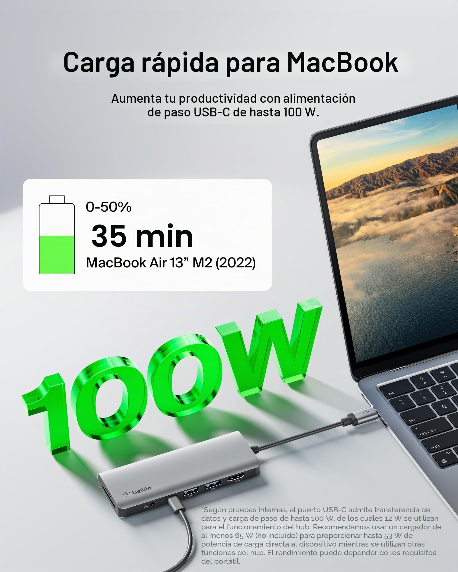 Belkin Hub USB C, 7 en 1 adaptador multipuerto con 4K HDMI, USB-C 100W PD carga pass-througn, 2 USB A, audio de 3,5 mm, ranura SD 3.0 y Micro SD 3.0 para MacBook Pro, Air, iPad Pro, XPS y más | Amplía la conectividad USB-C de laptop para MacBook, iPad Pro