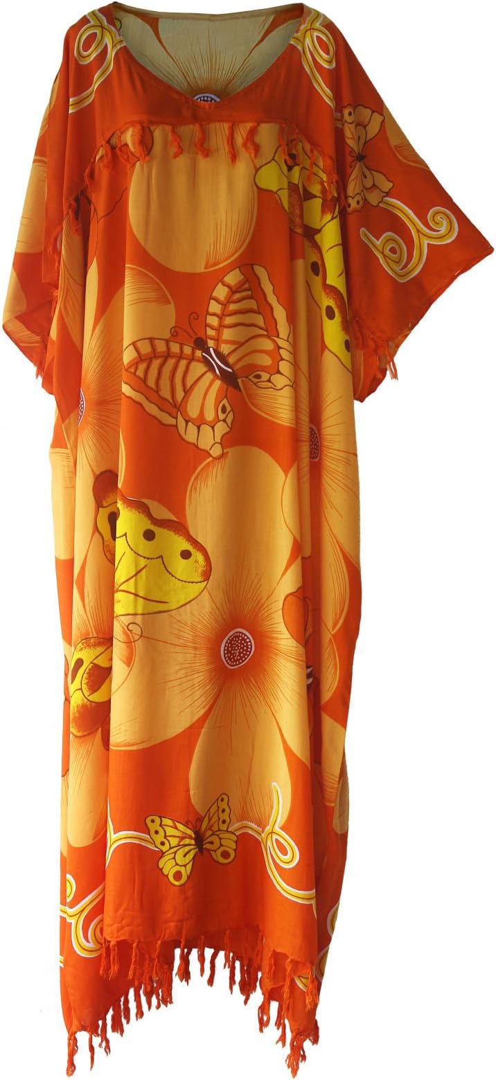 Tropicalsale Women's Plus Size Orange Butterfly Floral Kaftan Caftan Long Hippy Dress