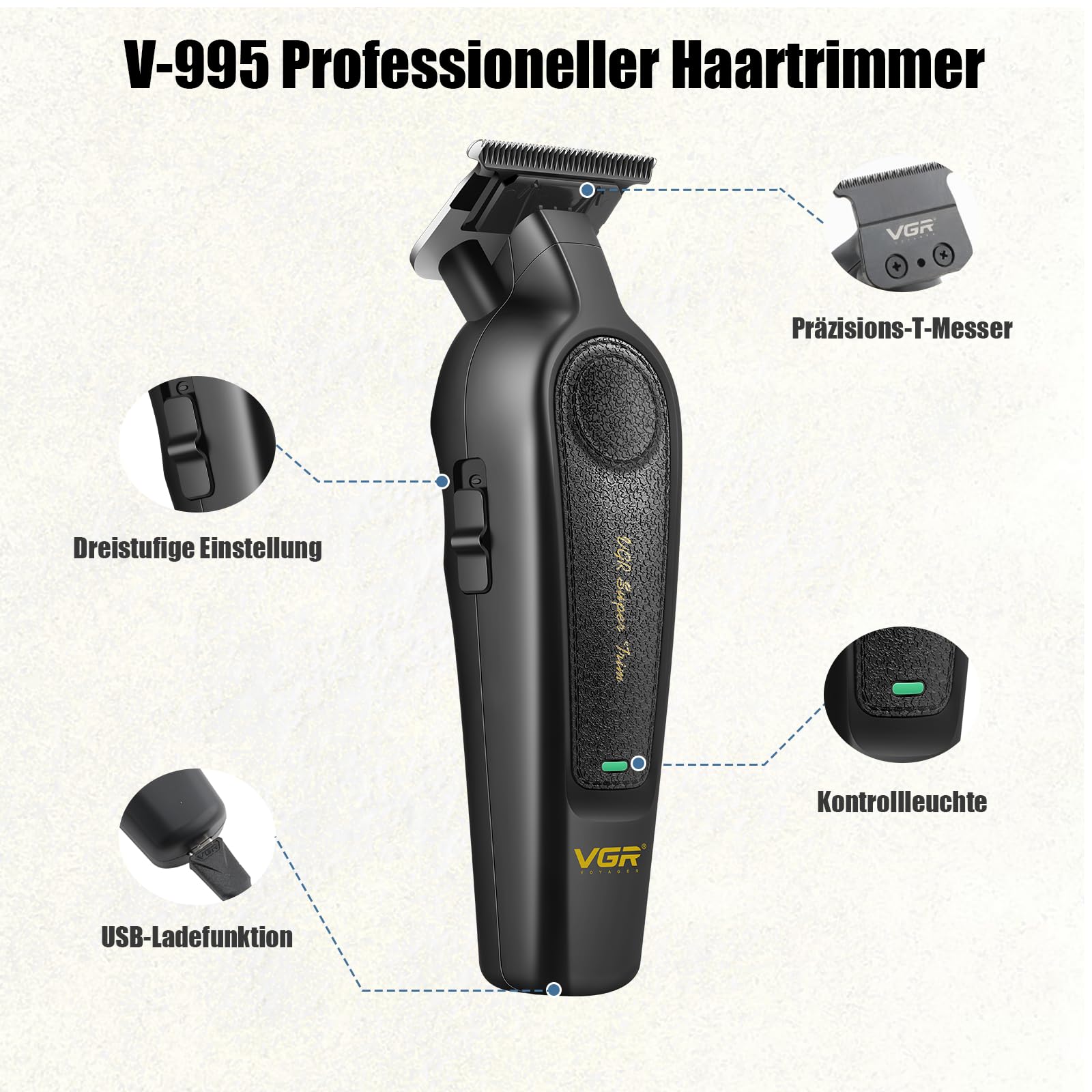 VGR 197 & 995 Profi Haarschneidemaschine Set für Männer Mit 10 Haarkämmen | Kabelloses Haarschneide und Trimmer Set mit Keramikklingen, Harrschneidermaschine Herren Profi mit LED Anzeigeleuchten, Kamm