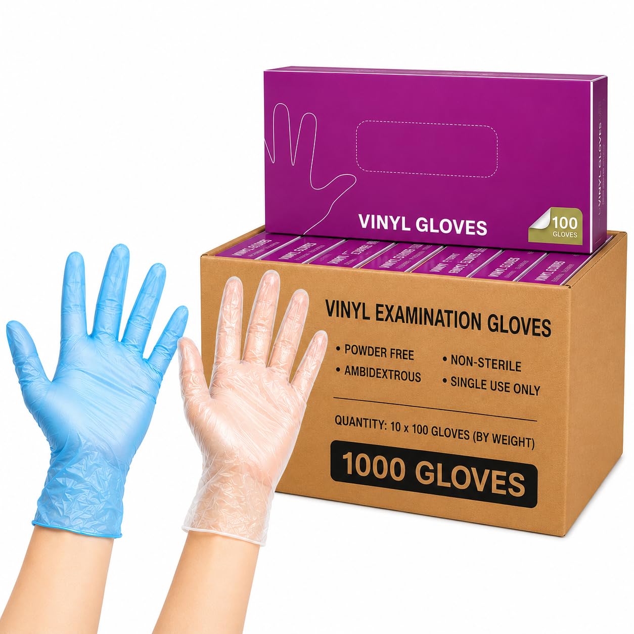 ZANGELI Vinyl Gloves Disposable - 1000 Count (10 Boxes of 100) | Latex-Free, Powder-Free, Clear, Ambidextrous, Non-Sterile Food Safe Gloves (Clear, Large)