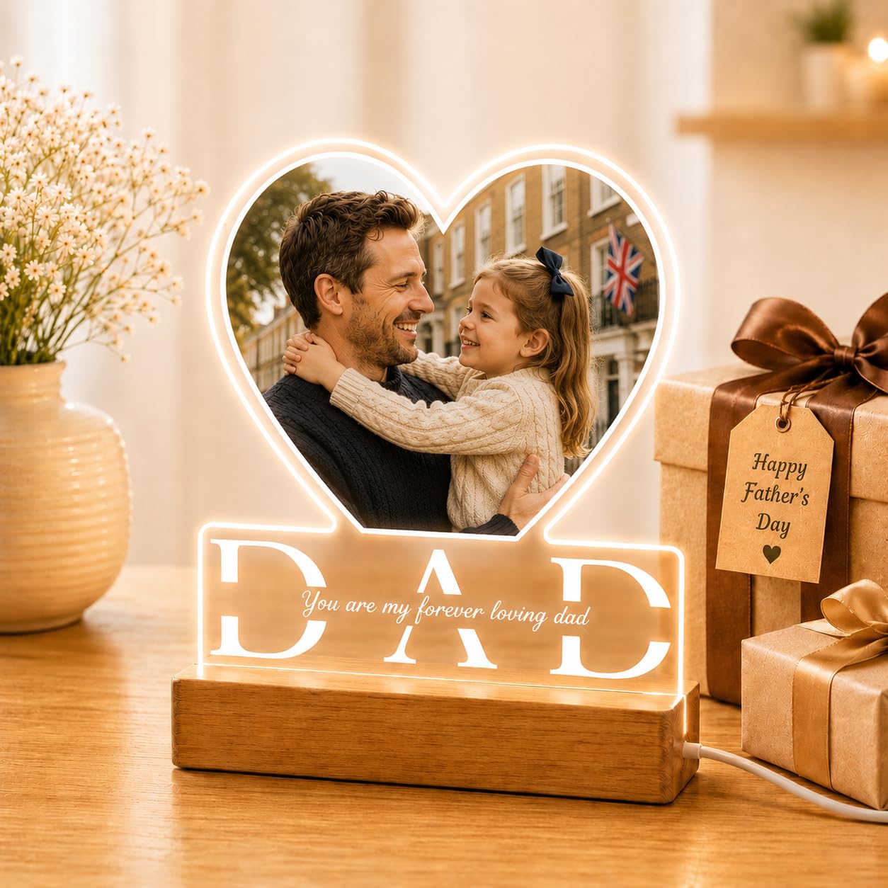 witfox Personalised Father’s Day Gift for Dad, Custom Photo Frame Night Light, Acrylic Plaque Keepsake from Daughter & Son, Emotional Birthday Gift for Daddy