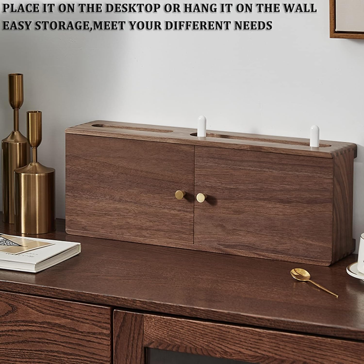 木製ワイヤレスルーター収納ボックスフローティングテレビキャビネット壁掛けメディアコンソール二重ドア付き寝室リビングルーム/ブラウン/