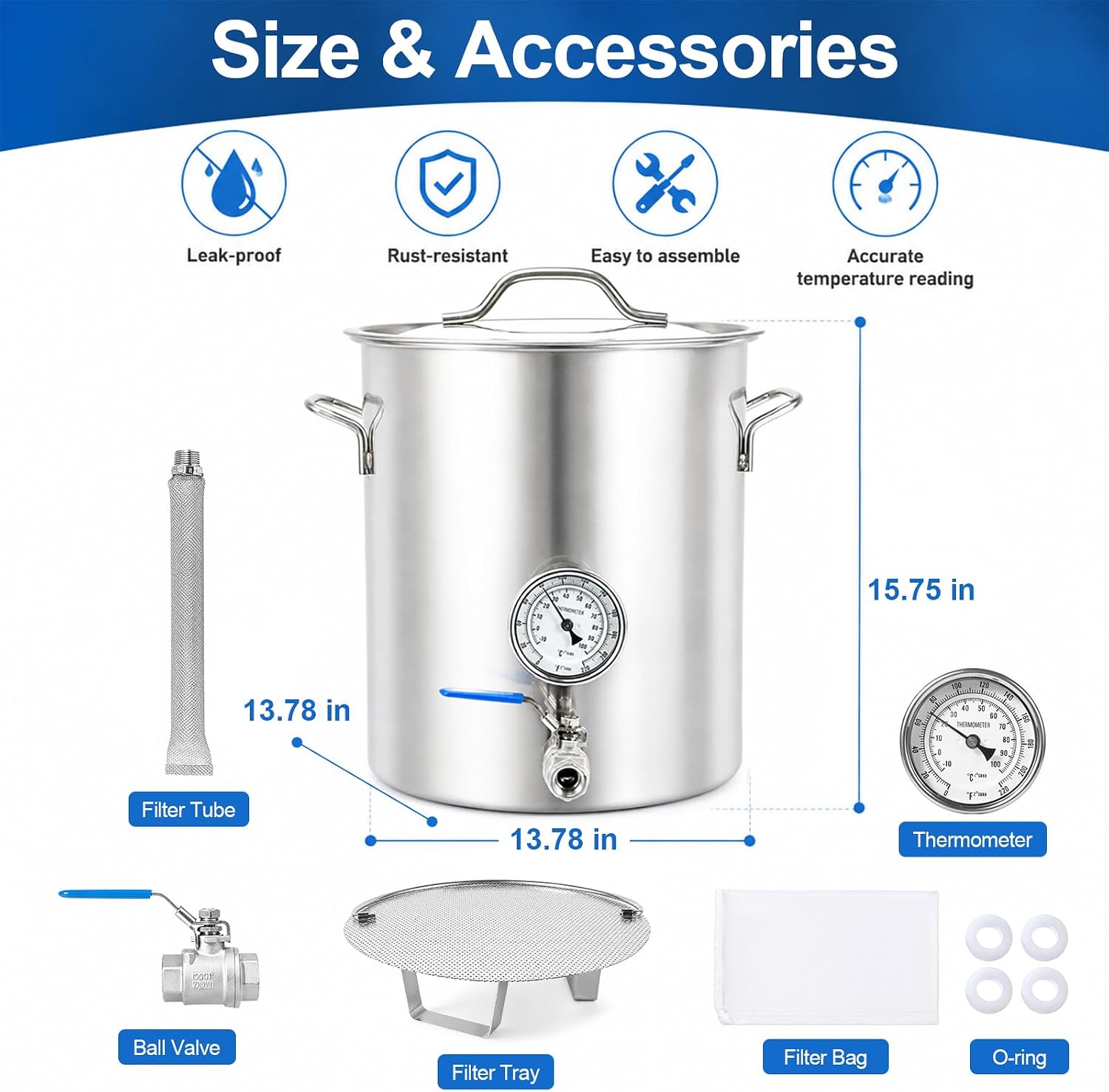 MRbrew 10 Gallon Brew Kettle Stainless Steel Brew Pot with Thermometer