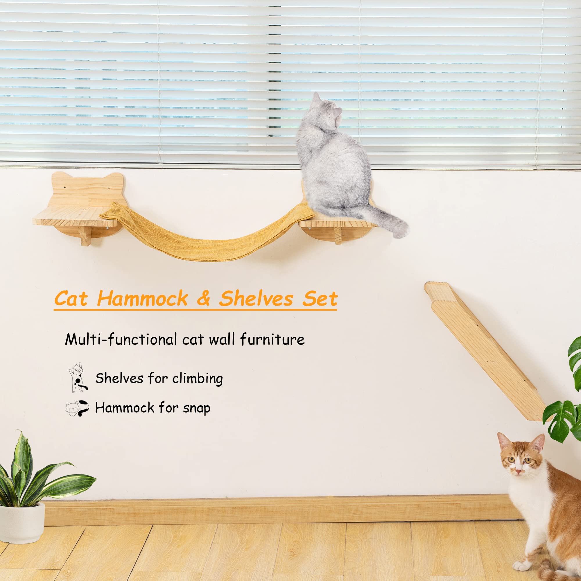 Cat Windows Perch Hammock for Indoor Cats Wall Shelf Solid Wood Wall Mounted Steps Activity Cats Furniture
