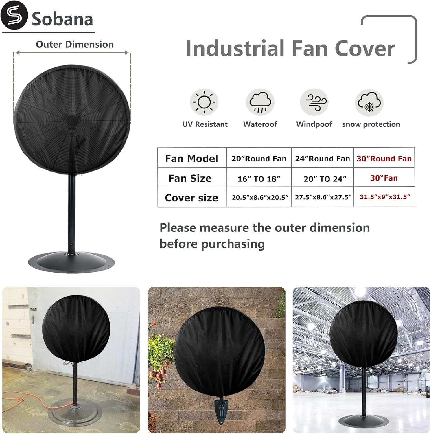 Wall Mount Fan Cover - 30 Inch Industrial & Pedestal Fan Cover, Waterproof & UV-Proof, Black