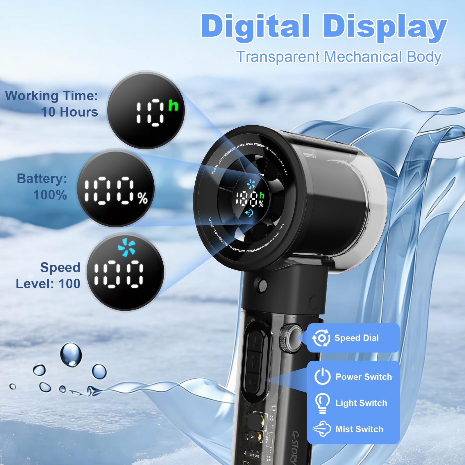 Ventilatore nebulizzatore portatile turbo, 1-100 velocità, 5000mAh Batteria Ricaricabile con display digitale, Serbatoio nebulizzatore da 45ml, entilatore da Tavolo e Collo per Esterni, Viaggi(Nero)