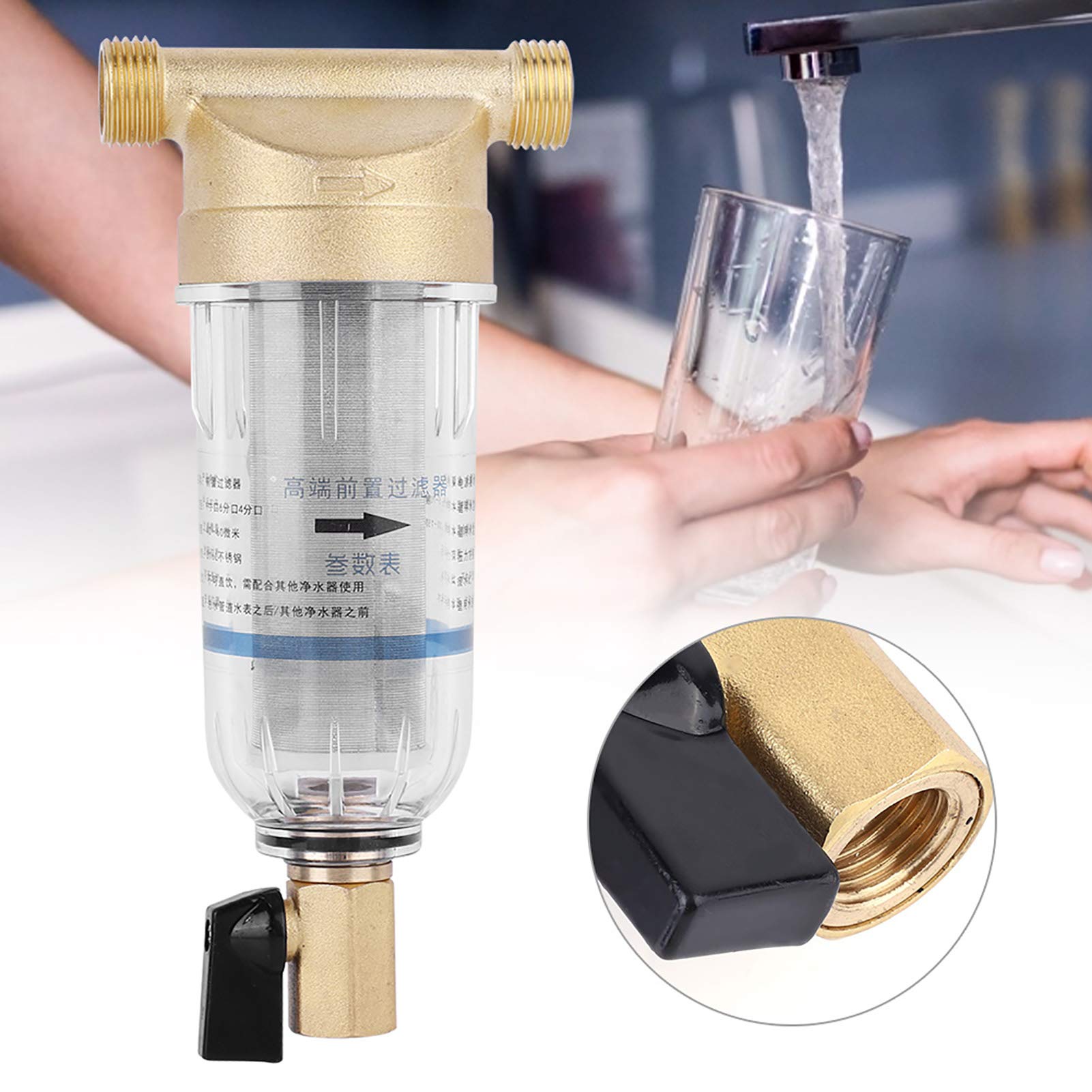 Prefiltro de Agua de Sedimentos Giratorio Purificador Reutilizable, Filtro Agua Entrada General Agua con Llaves y Tubo de Alcantarillado, Filtro de Agua Para Casa de ÓSmosis (3/4" Rosca Macho)