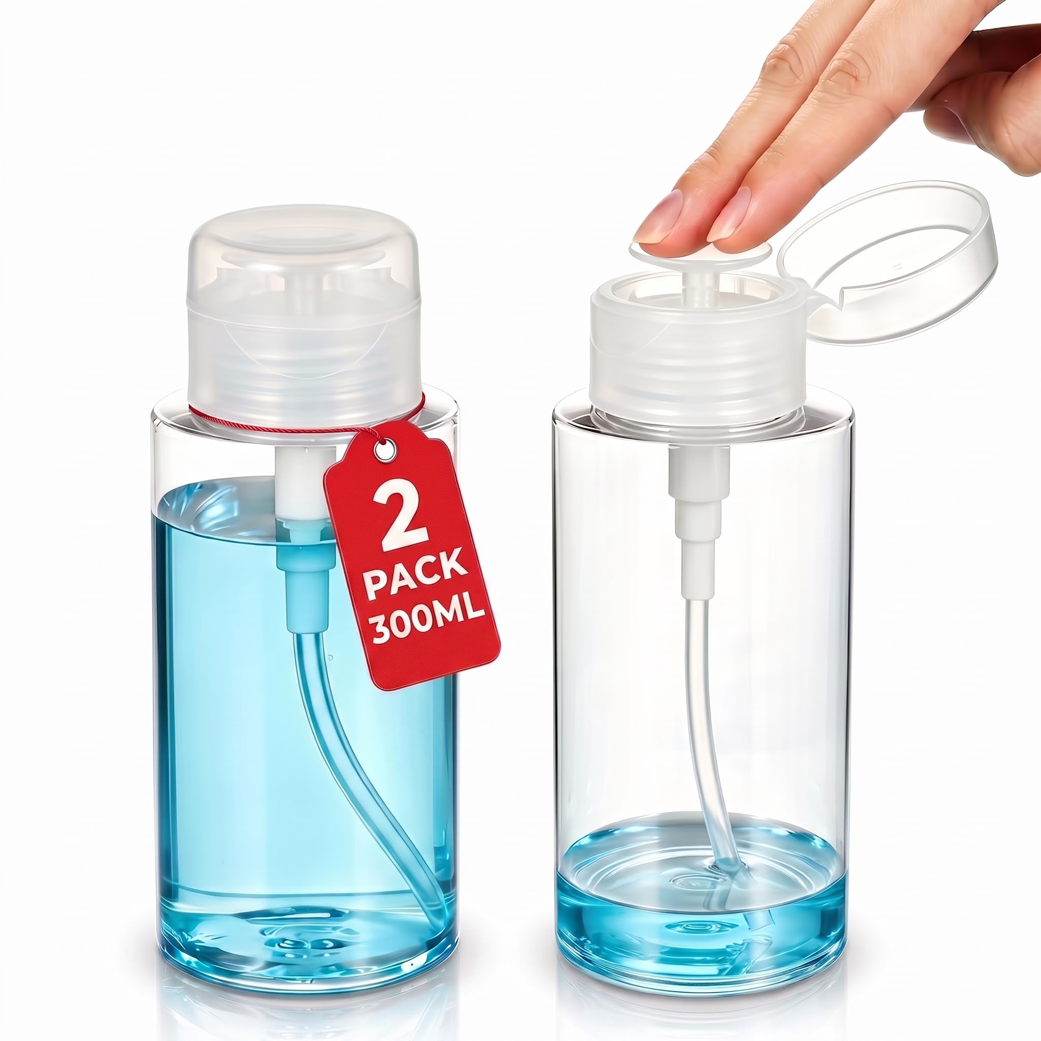 Healeved Lot de 2 Flacon Pompe Vide 300ml, Distributeur Eau Change Bébé et Alcool, Bouteille Doseur Transparent pour Démaquillant Voyage, Rechargeable avec Bouchon pour Soins Quotidiens Et Voyage