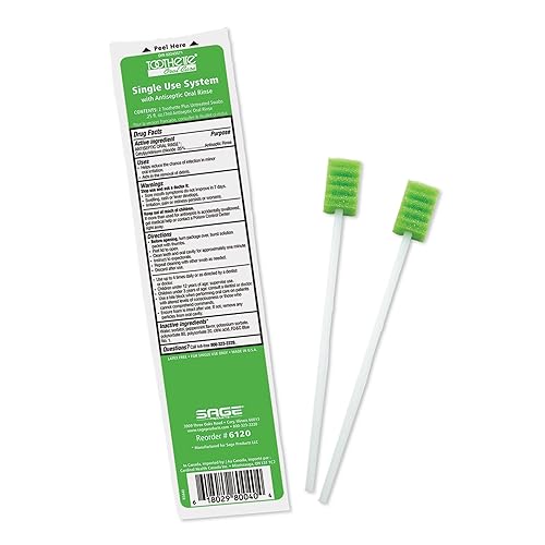Stryker  Sage Toothette Plus Hisopos orales de un solo uso con enjuague oral antiséptico  1 paquete de 2 hisopos con 0.25 onzas líquidas de enjuague