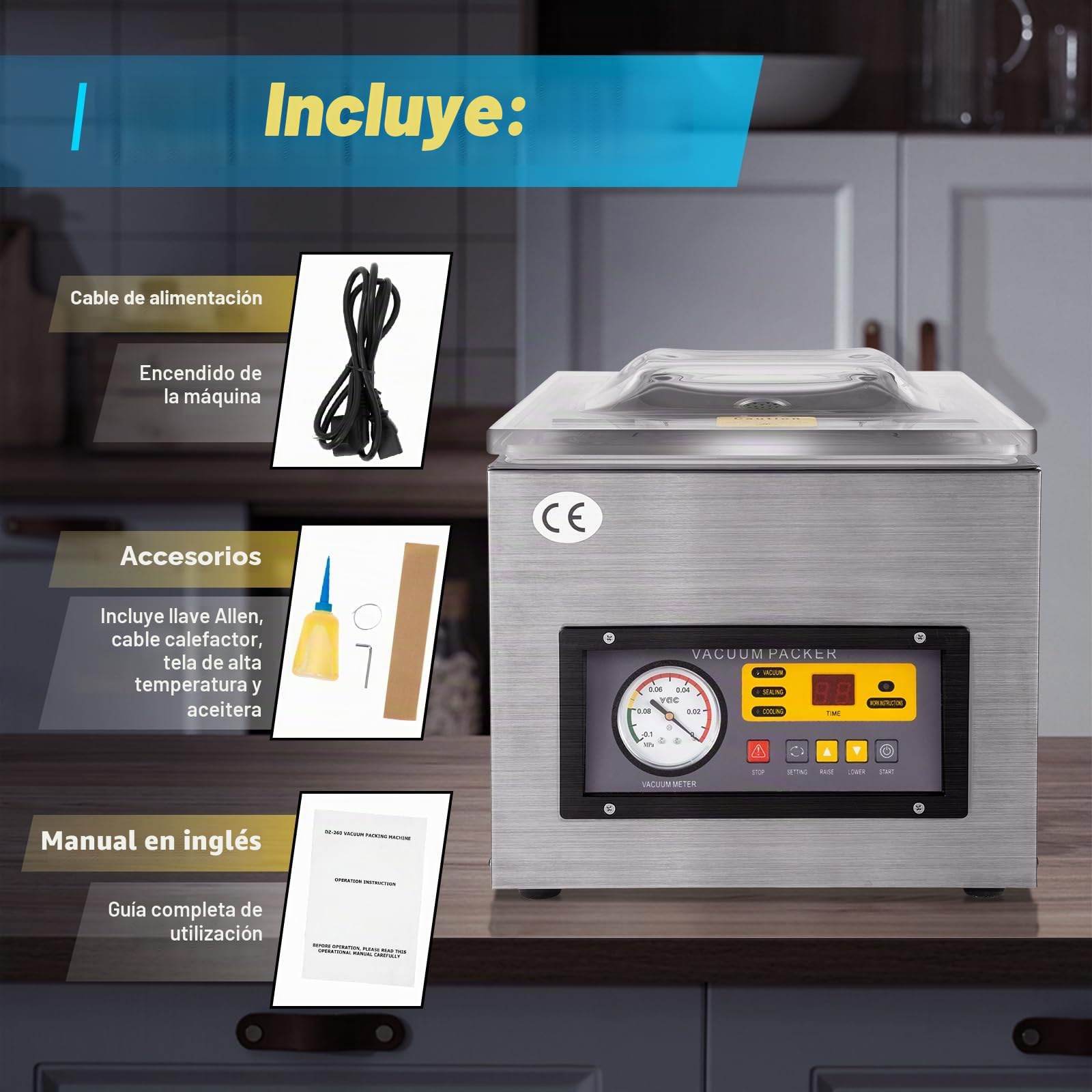 Sellador al Vacío de Cámara 3 en 1 Digital Máquina Envasado al Vacío Velocidad Entrada 2 CFM Embasadoras Vacio Alimentos Habitación 28×33×5.5cm para Sellar Alimentos, Frutas y Carnes