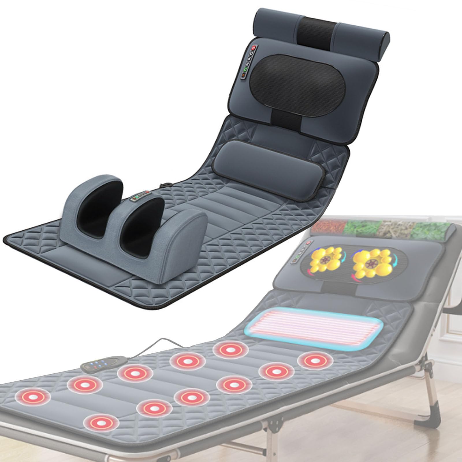 Tappetino massaggiante elettrico per tutto il corpo con 20 testine massaggianti Shiatsu per collo, 9 modalità di massaggio/3 modalità di temporizzazione, cuscino riscaldante pieghevole, massaggiatore
