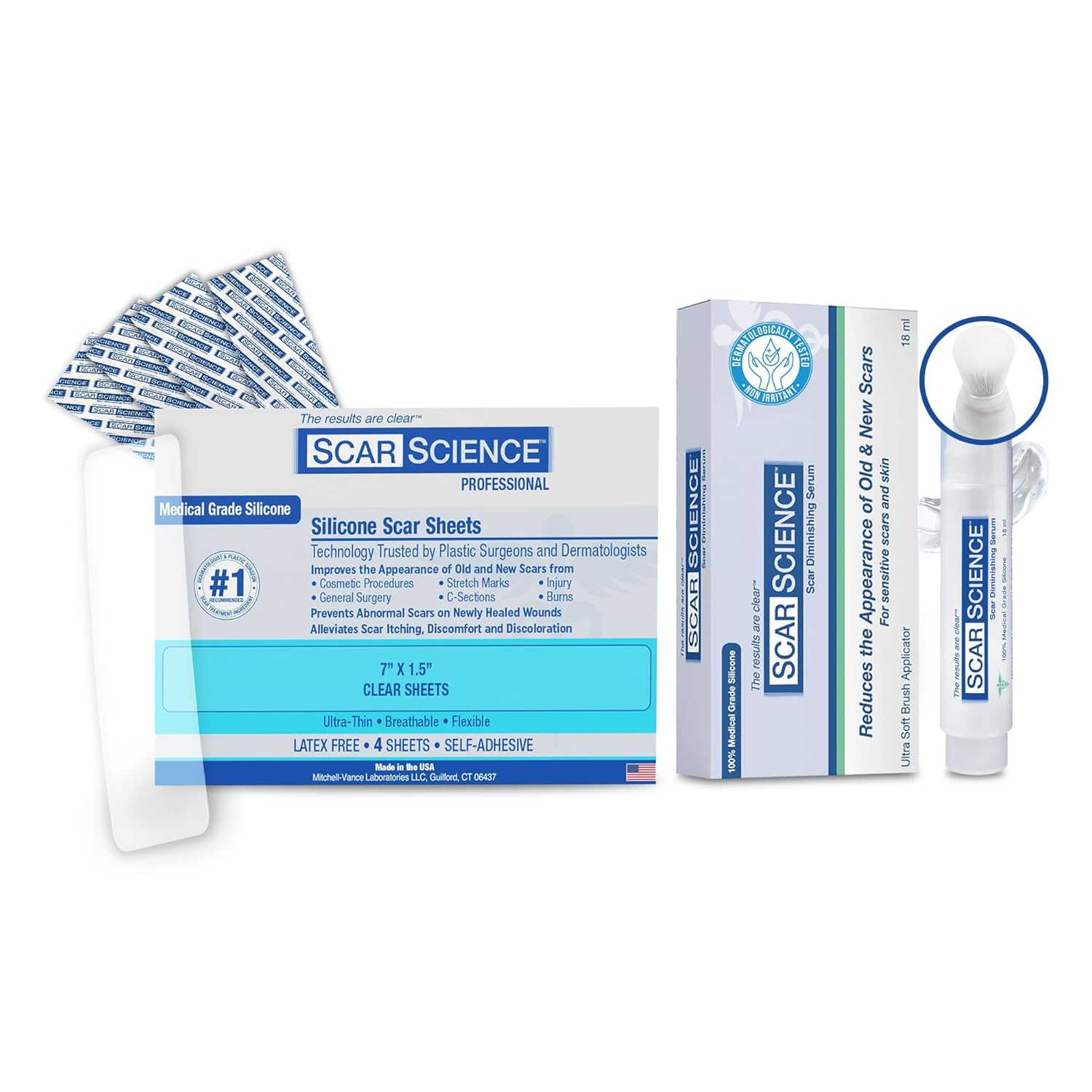 Ultimate Scar Care Bundle – Scarscience Medical Grade Silicone Scar Sheets (4 Count, 7") & Silicone Scar Gel with Touch-Free Brush
