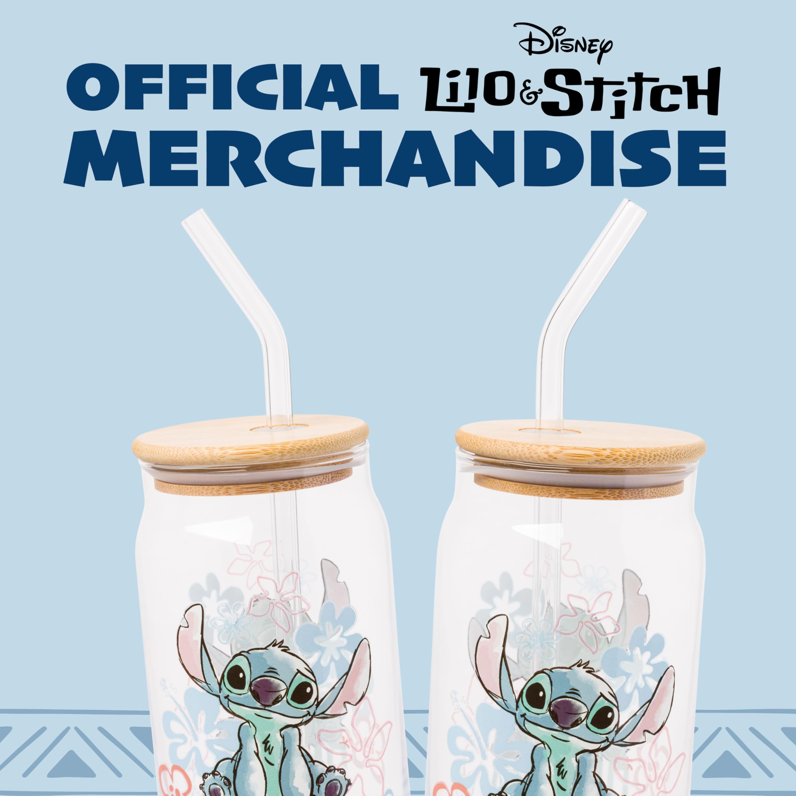 Silver Buffalo Disney Lilo and Stitch Ohana Trinkglas, 473 ml | Inklusive Bambusdeckel und Strohhalm, Glas, 0,47 Liter