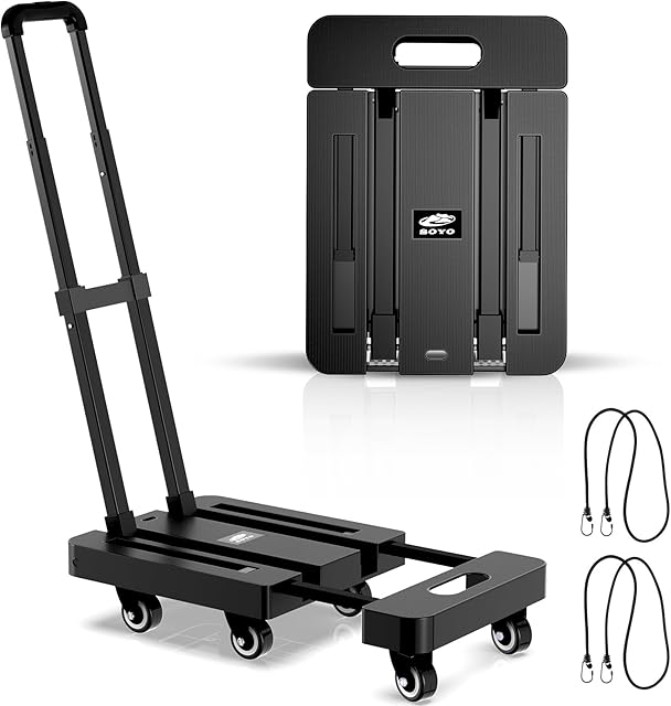 SOYO Folding Hand Truck, 500lbs Heavy Duty Dolly, Portable 6 Wheels Collapsible Luggage Cart with 2 Elastic Ropes for Moving, Travel, Shopping, House Office Use, Black