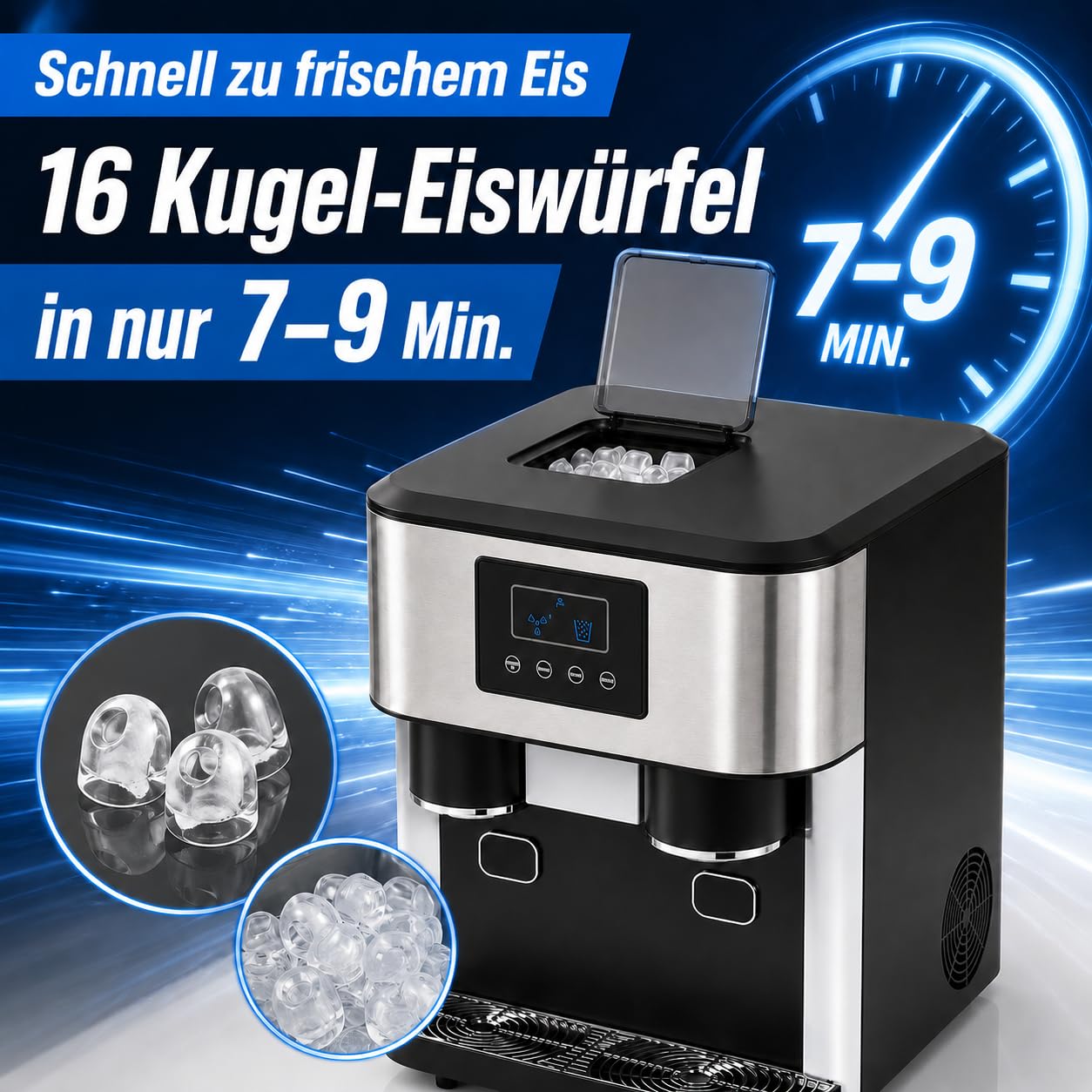 Macchina per il ghiaccio 3 in 1, dispenser di acqua, cubetti di ghiaccio e tritaghiaccio, LCD, 7-9 minuti, 16 ghiaccio | 16 sfere di ghiaccio per ciclo, 7-9 minuti. per passaggio, per casa, ufficio, caffè e bar, facile da usare, design compatto